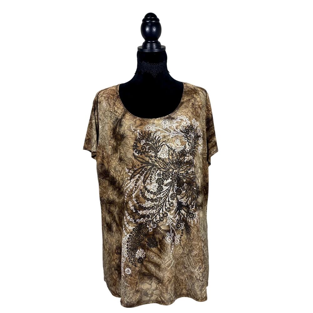 Vtg Y2K Dressbarn Paisley Whimsigoth Grunge Dyed Floral Rhinestone Blouse 2XL